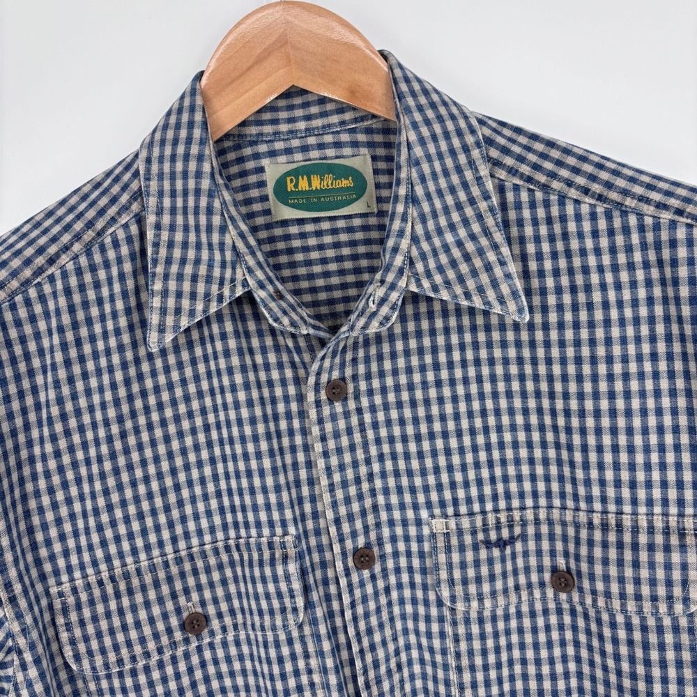 RM Williams Oxford Button Up Shirt Mens L Blue Gingham Check Cotton Workwear L/S